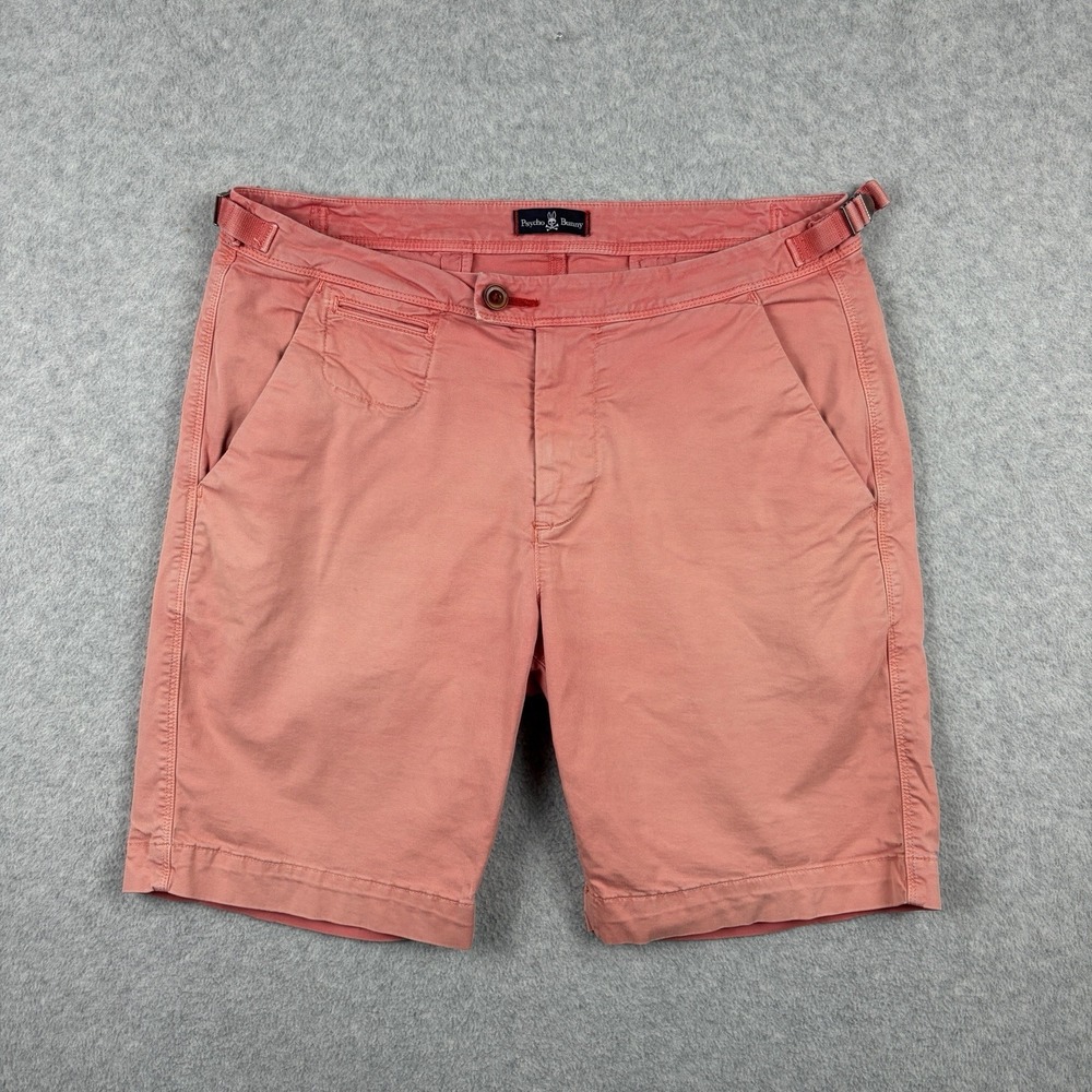 Psycho Bunny Shorts Mens 33 Pink Sun Faded Cotton Chino Side Adjusters Stretch